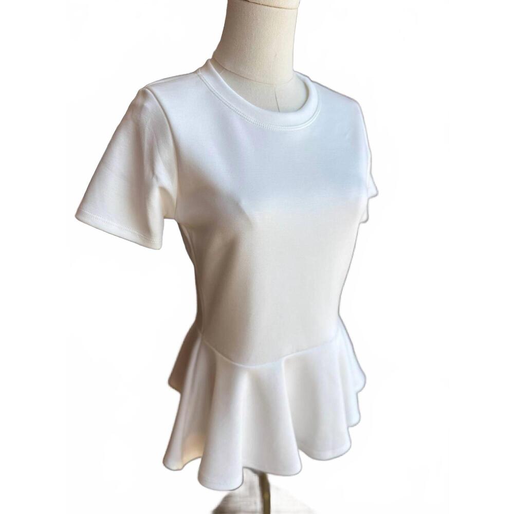 NEW KLD. SIGNATURE womeon's peplum short sleeve scuba top in ivory